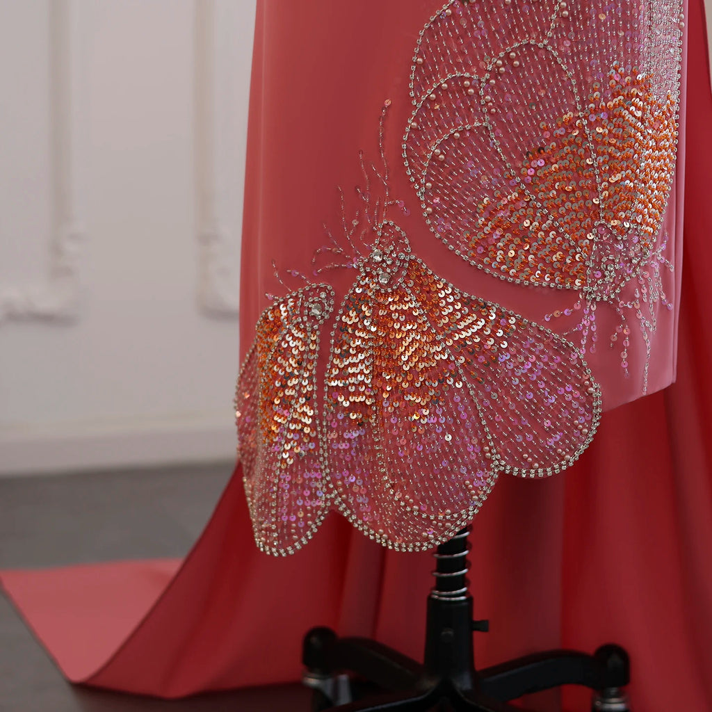 Scalloped Beaded Evening Gown | O-Neck | Coral Pink & Lilac