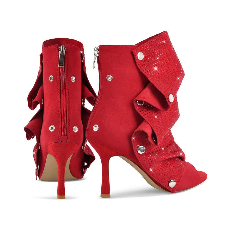 Rhinestone Peep Toe Ankle Boots | Slouched Stiletto | Red & Black