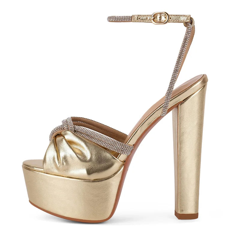 Gold Platform Sandal | Peep Toe Bow Knot | Chunky High Heel