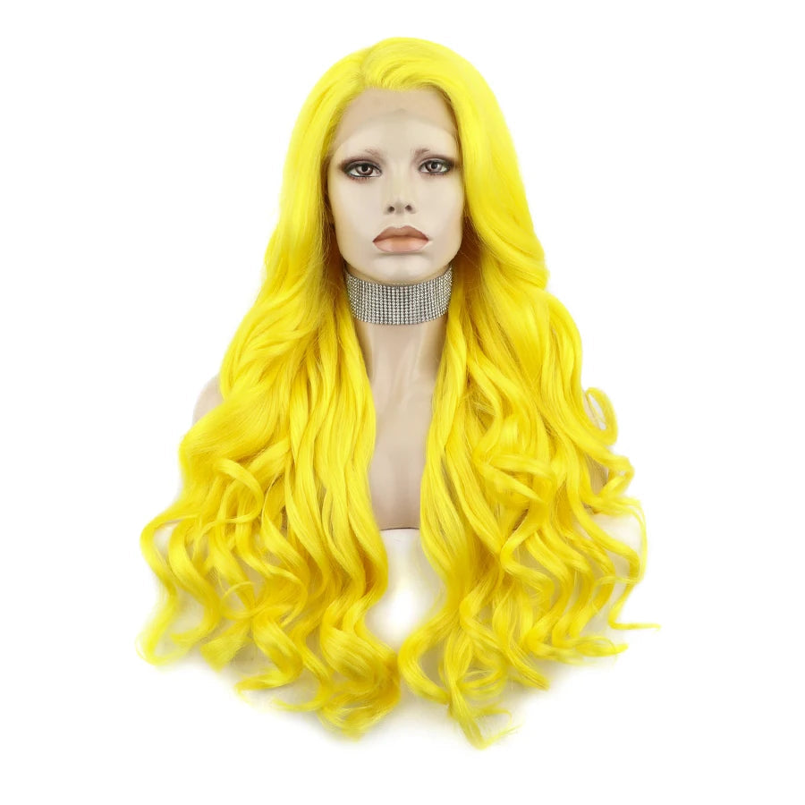 26" Yellow Natural Wavy Lace Front Wig | Heat Resistant Synthetic