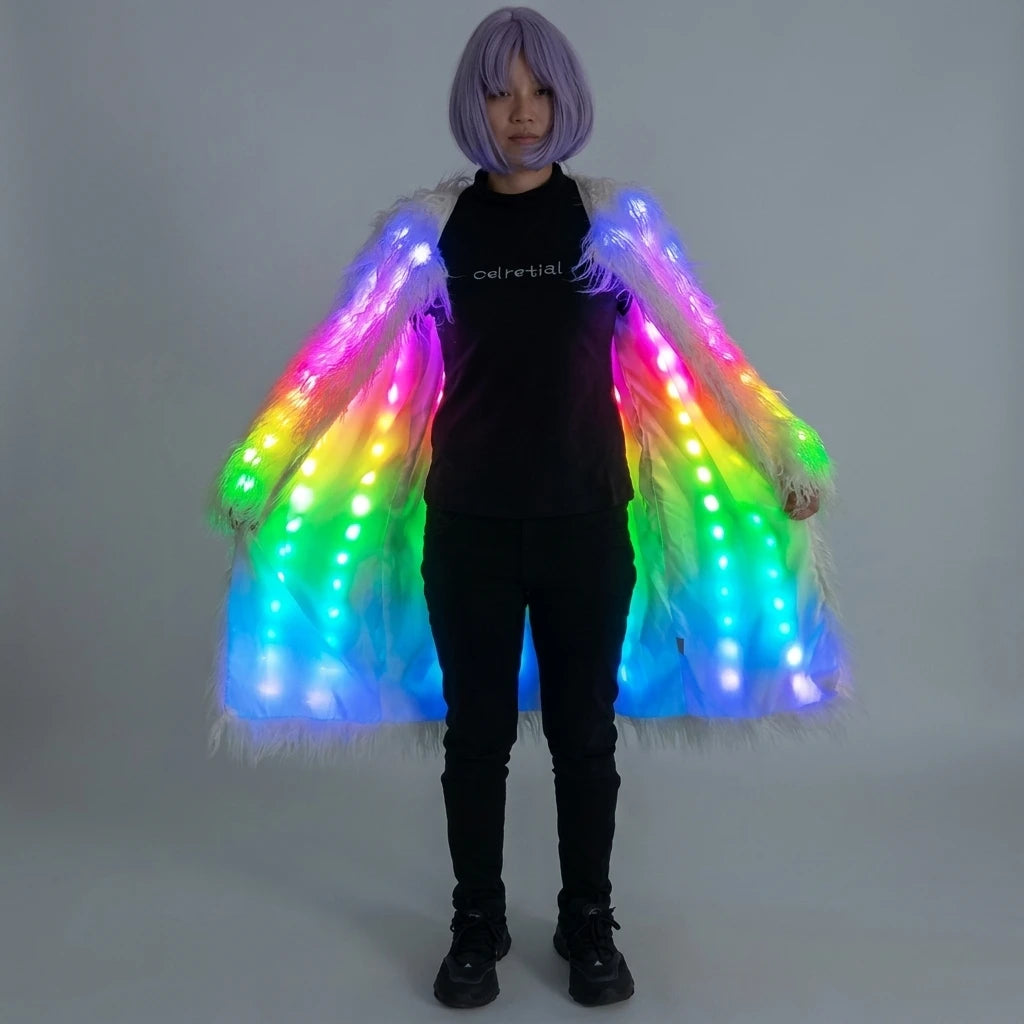 LED Faux Fur Jacket | Remote-Control Light-Up Coat | Festival & Event Outerwear