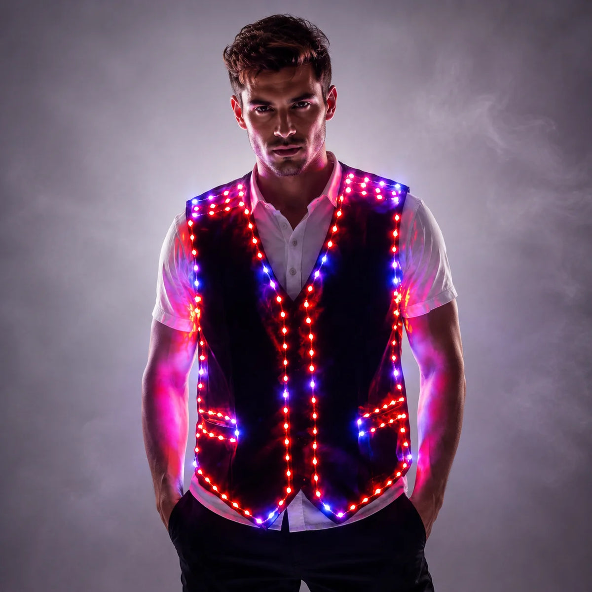 RGB LED Strip Vest | Colour-Changing DJ & Performer Waistcoat | Men's S–6XL