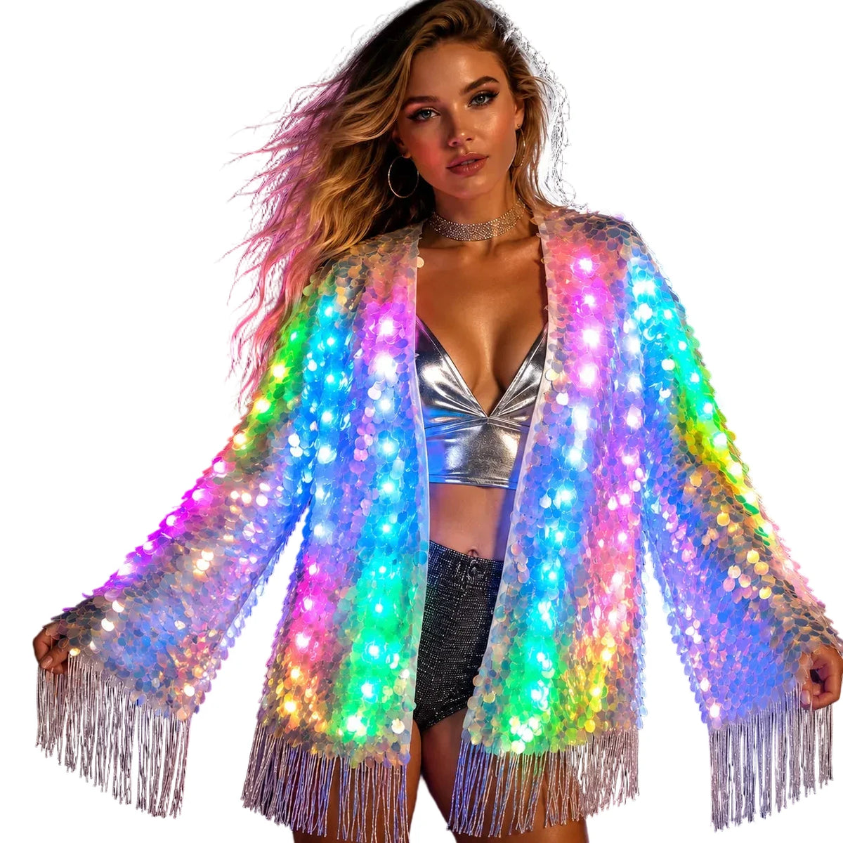LED Sequin Fringe Jacket | Full-Colour RGB | Festival & Stage Kimono