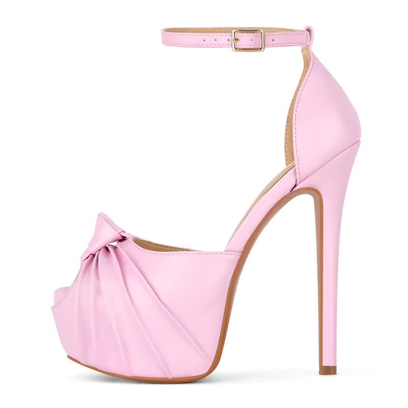 Ruched Peep-Toe Platform Stiletto Sandals — Ankle Strap Buckle Heel