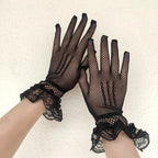 Fishnet Lace Ruffle Gloves | Full Finger | Black & White