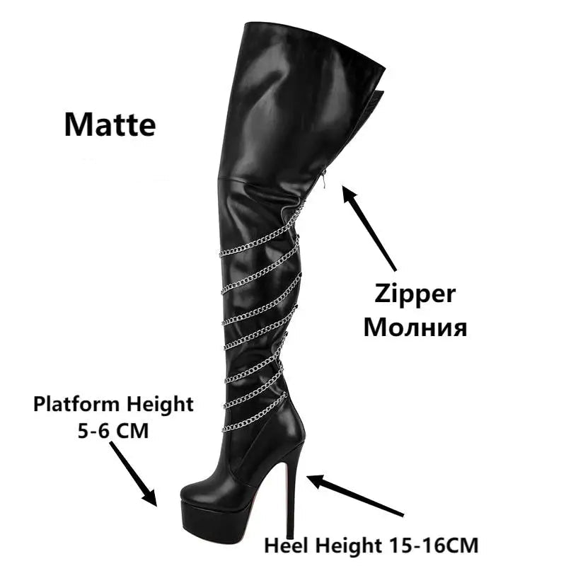 Chain-Detail Thigh-High Platform Boots | 15–16 cm Heel