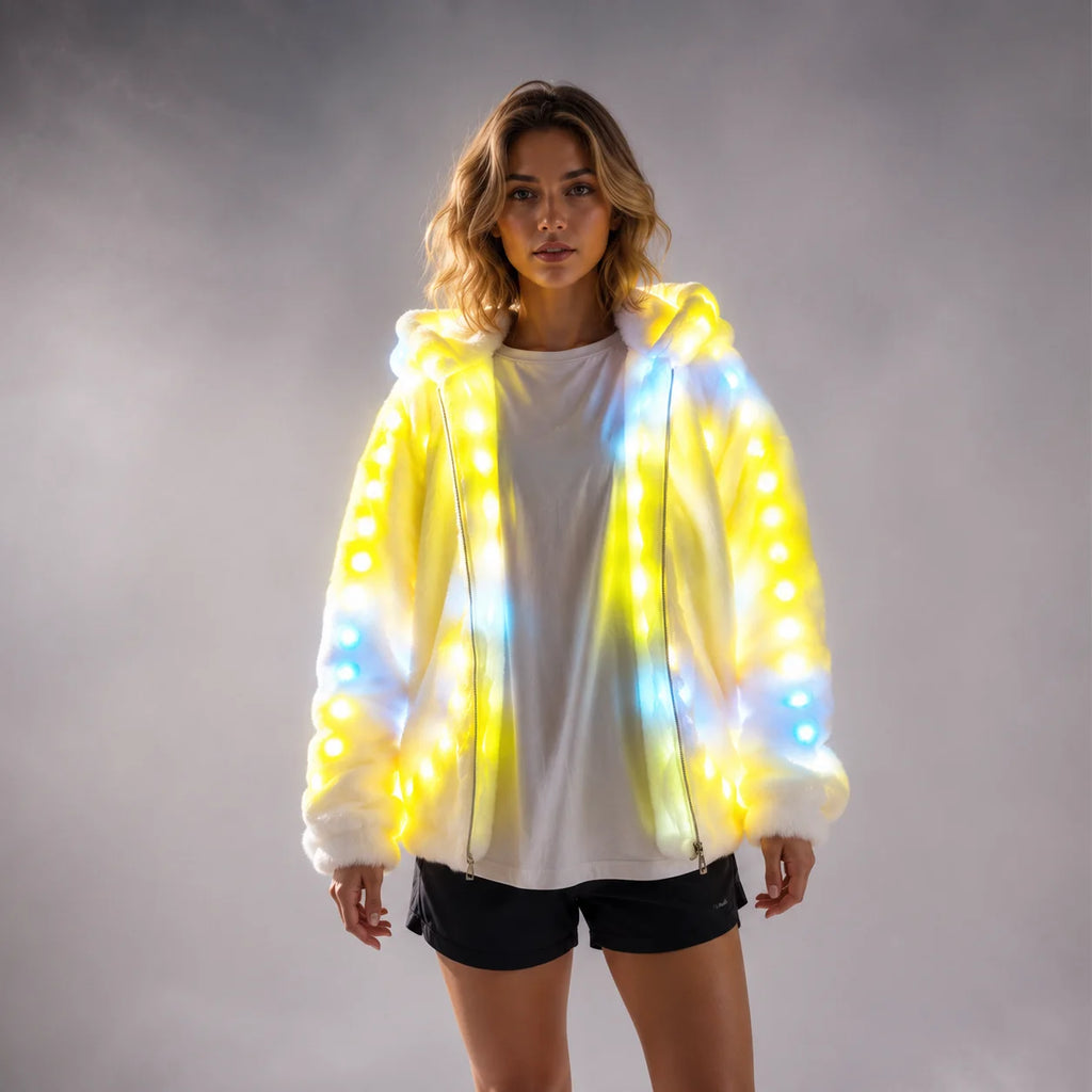 LED Hooded Faux Fur Coat | Remote-Control RGB Light-Up Jacket | Festival & Stage