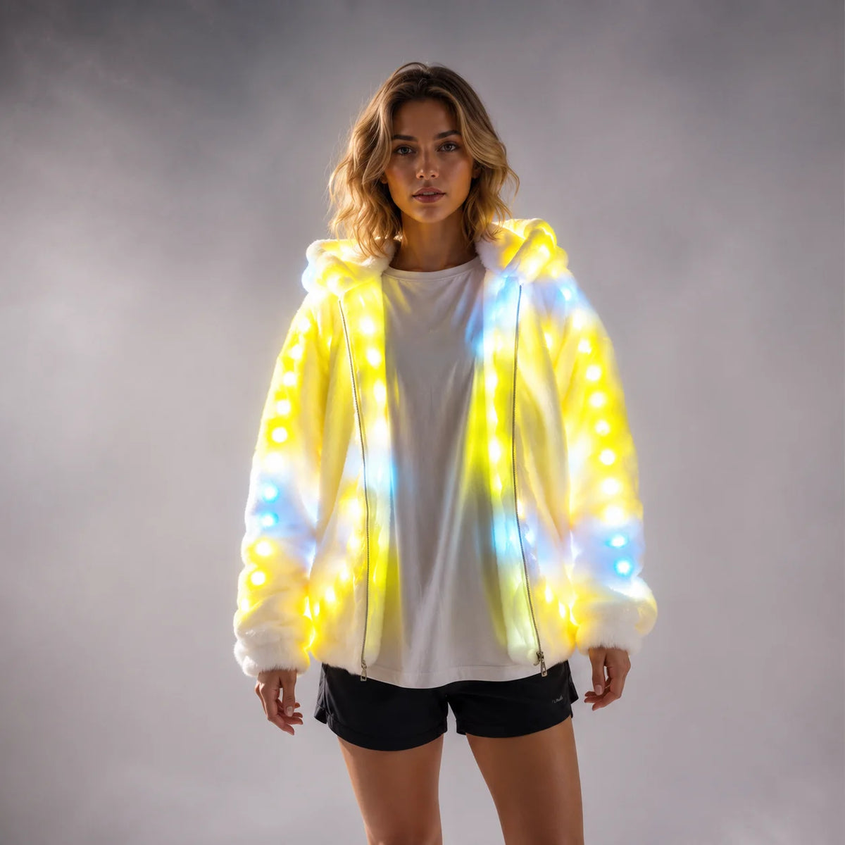 LED Hooded Faux Fur Coat | Remote-Control RGB Light-Up Jacket | Festival & Stage