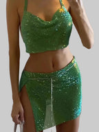 Metal Sequin Crop Top & Slit Skirt Set
