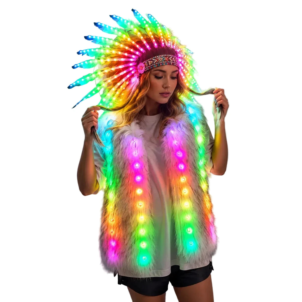 LED Fur Vest & Festival Feather Headdress | Full-Colour RGB | Rave Costume