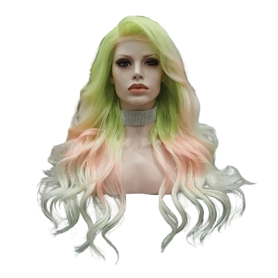 Green to Pink Ombre Tinsel Lace Front Wig | 24 Inch | Wavy
