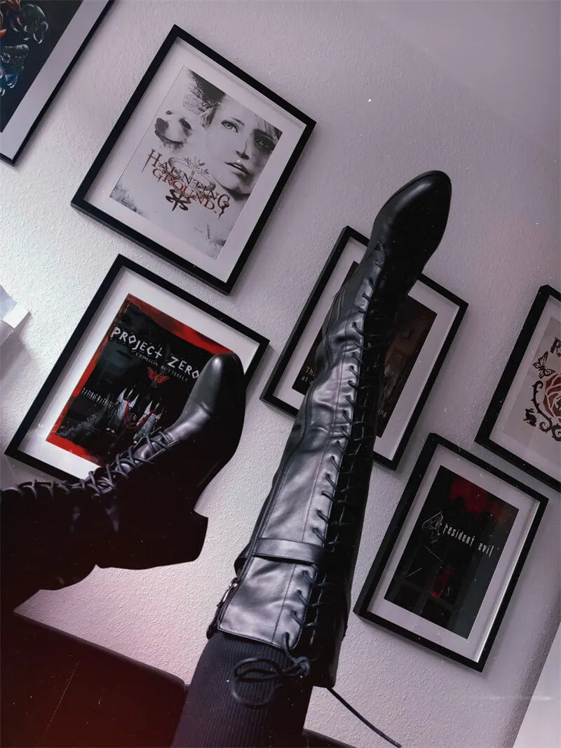 Lace-Up Knee-High Boot | Side Zip | Matte Black