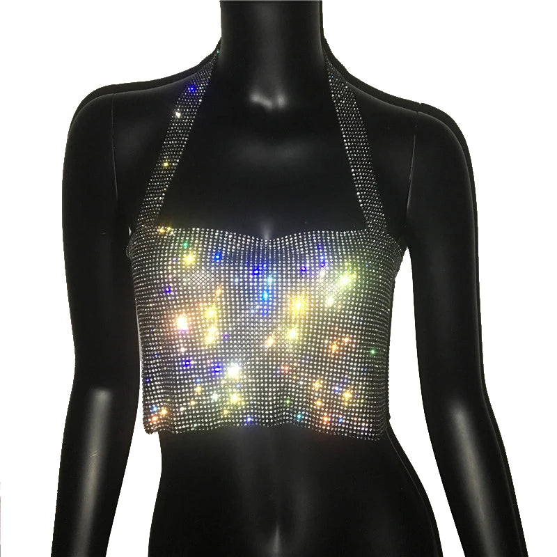 Crystal Rhinestone Metal Chain Halter Crop Top - Backless Tank