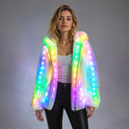 LED Hooded Faux Fur Coat | Remote-Control RGB Light-Up Jacket | Festival & Stage