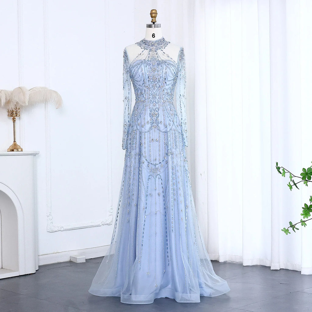 Crystal Beaded A-Line Gown | High Neck Long Sleeve | Blue & Champagne