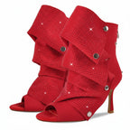 Rhinestone Peep Toe Ankle Boots | Slouched Stiletto | Red & Black