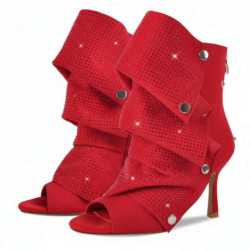Rhinestone Peep Toe Ankle Boots | Slouched Stiletto | Red & Black