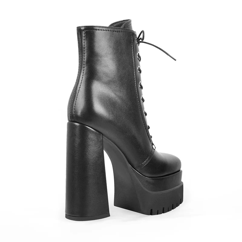 Platform Ankle Booties | Square Toe Side Zip & Lace-Up | 14cm Heel | EU 35–46