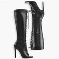 Knee-High Boots | Open Square Toe | Lace-Up Faux Leather