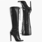 Knee-High Boots | Open Square Toe | Lace-Up Faux Leather