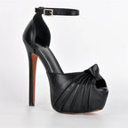 Ruched Peep-Toe Platform Stiletto Sandals — Ankle Strap Buckle Heel