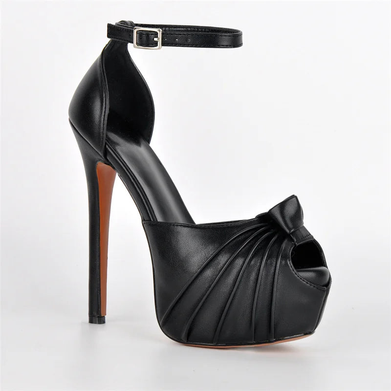 Ruched Peep-Toe Platform Stiletto Sandals — Ankle Strap Buckle Heel