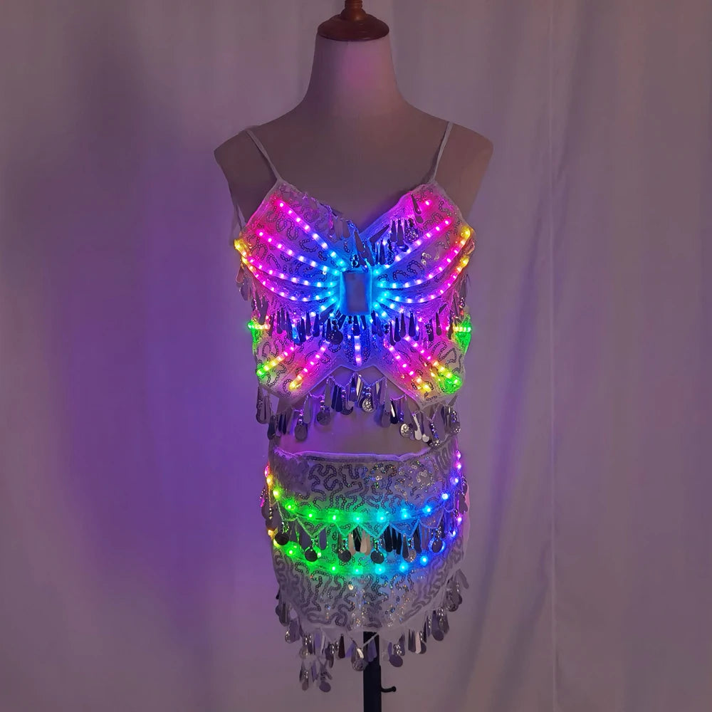LED Butterfly Two-Piece Set | RGB Crop Top & Mini Skirt | Gogo & Festival