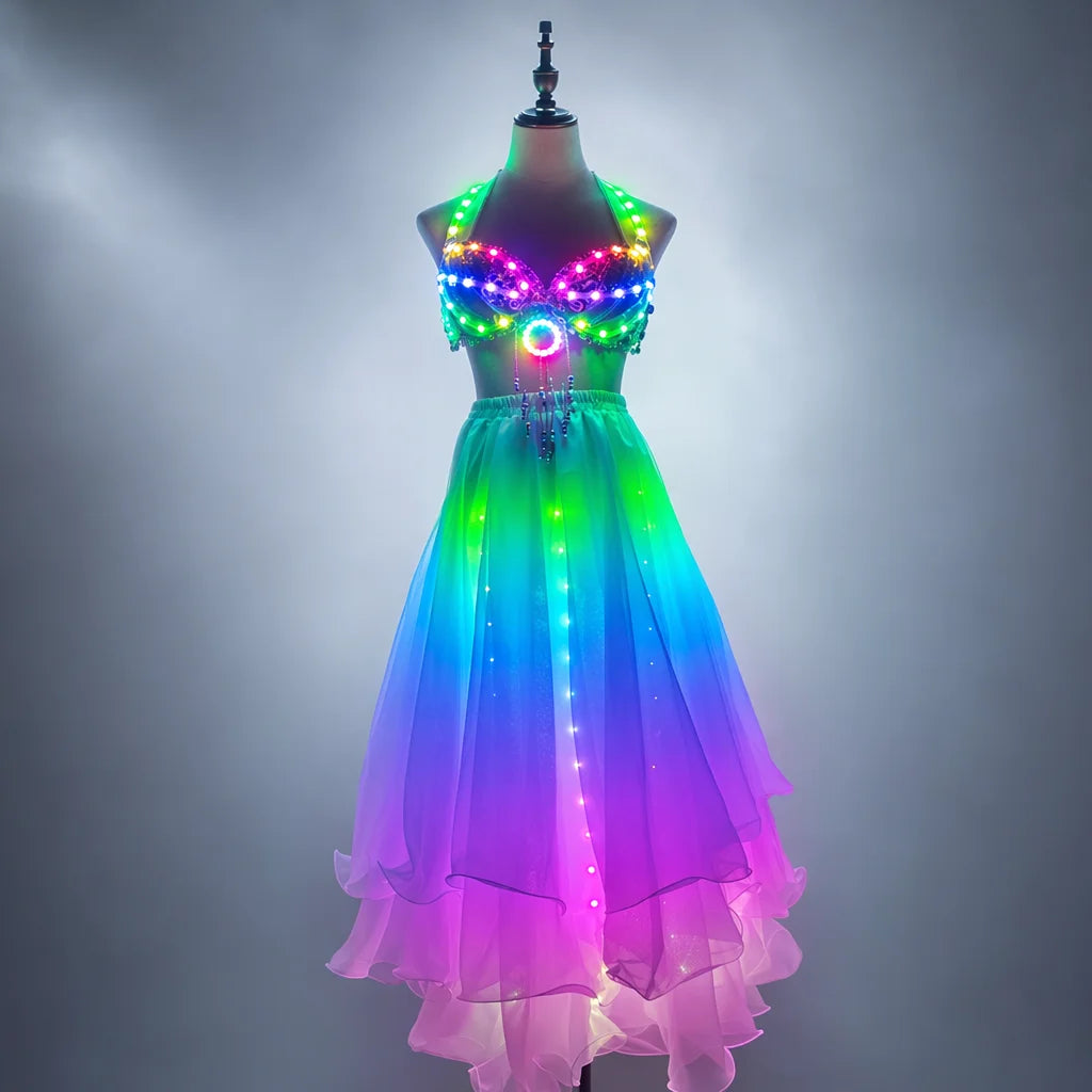 LED RGB Light-Up Belly Dance Set | Bra & Ruffle Skirt | Rave & Stage Performance