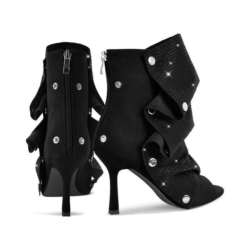 Rhinestone Peep Toe Ankle Boots | Slouched Stiletto | Red & Black