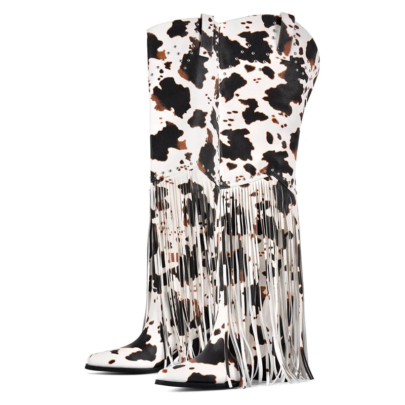 Thigh-High Fringe Boots | Chunky Heel | Pointed Toe