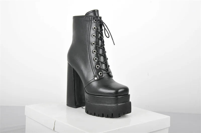 Platform Ankle Booties | Square Toe Side Zip & Lace-Up | 14cm Heel | EU 35–46