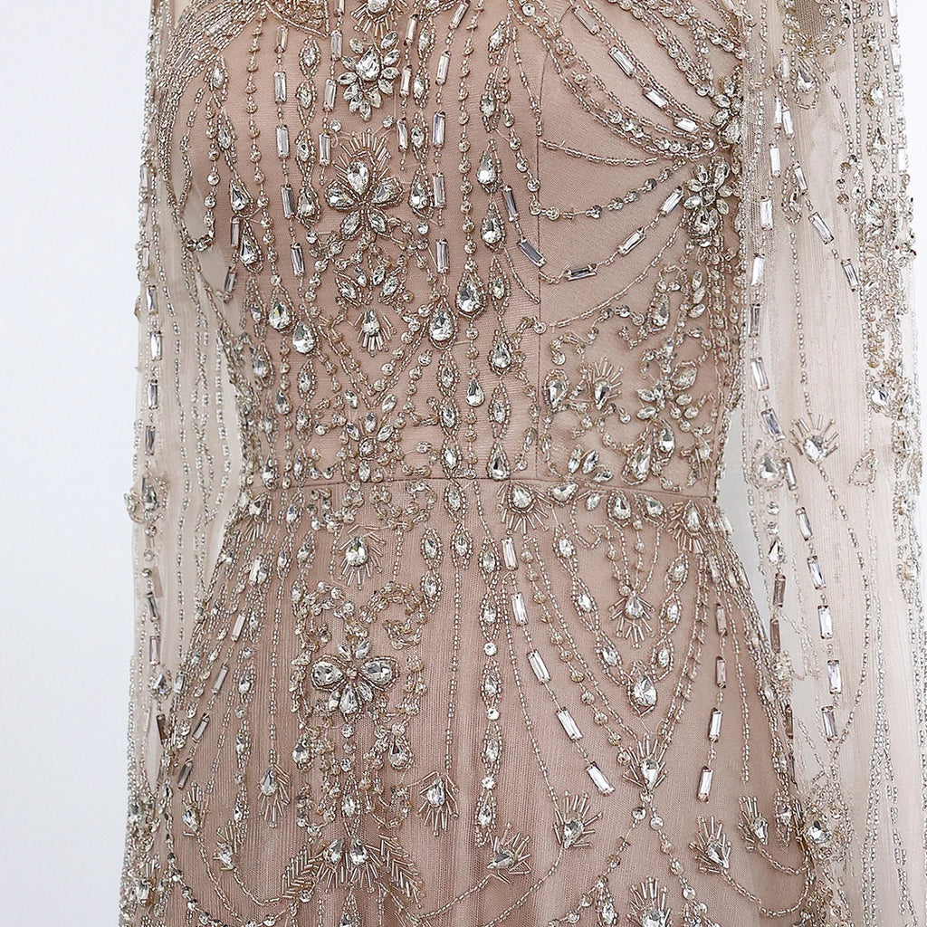 Crystal Beaded A-Line Gown | High Neck Long Sleeve | Blue & Champagne