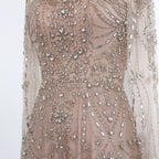 Crystal Beaded A-Line Gown | High Neck Long Sleeve | Blue & Champagne