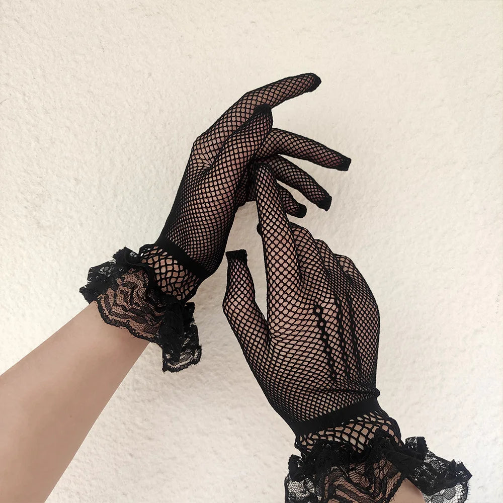 Fishnet Lace Ruffle Gloves | Full Finger | Black & White