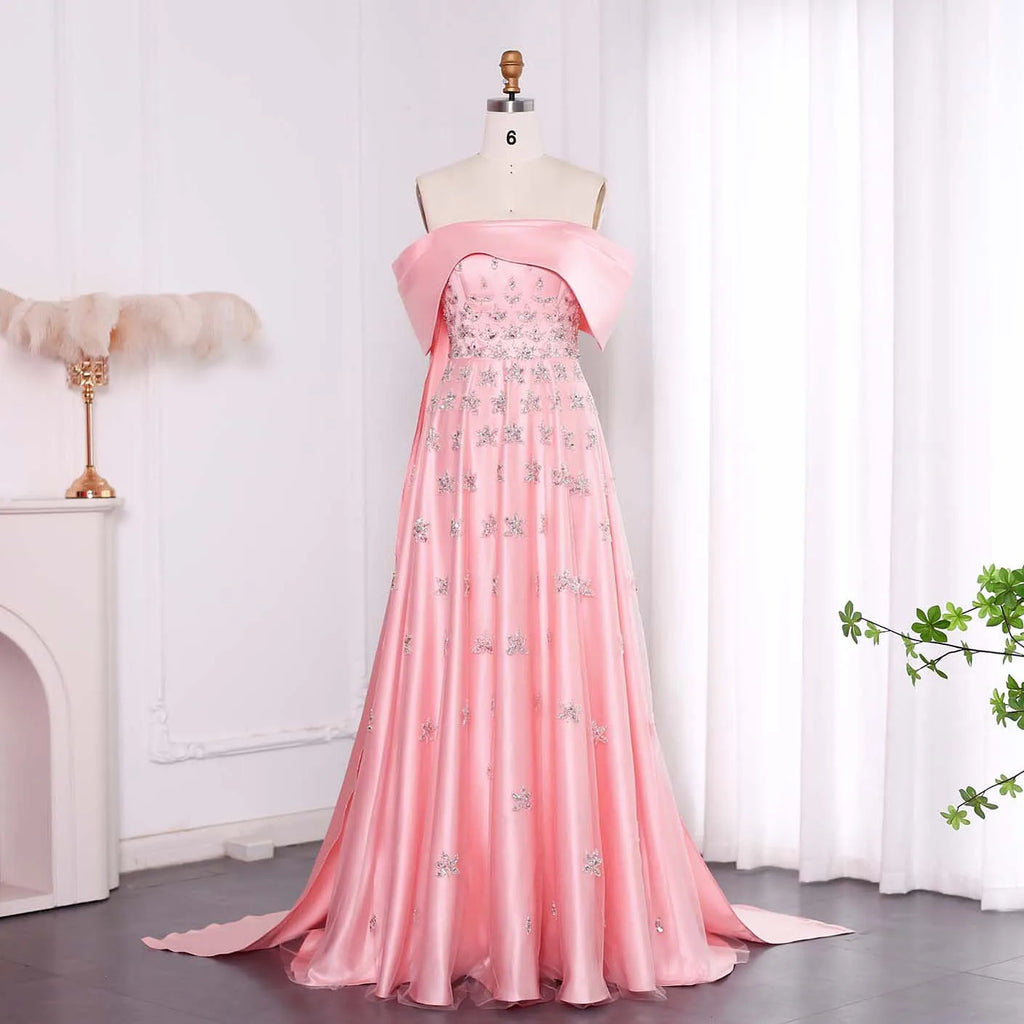 Satin Off-Shoulder A-Line Gown | Cape Train | 6 Colors