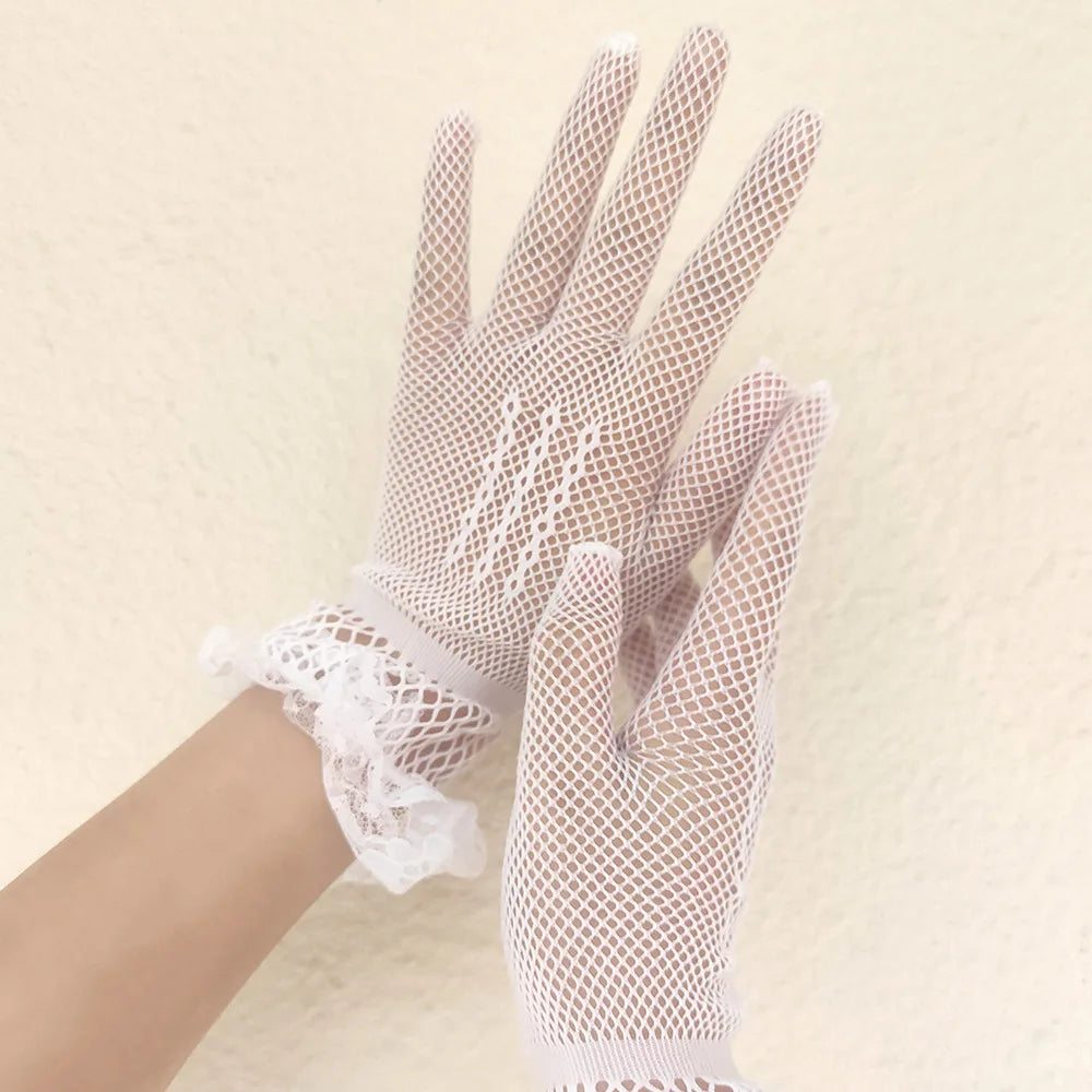 Fishnet Lace Ruffle Gloves | Full Finger | Black & White