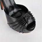 Ruched Peep-Toe Platform Stiletto Sandals — Ankle Strap Buckle Heel