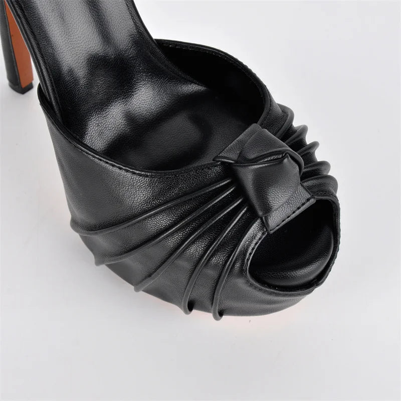 Ruched Peep-Toe Platform Stiletto Sandals — Ankle Strap Buckle Heel