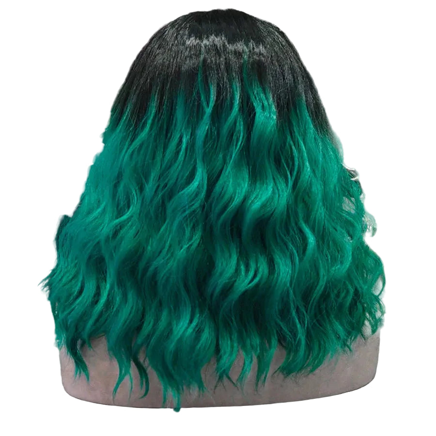 16" Green Natural Wavy Lace Front Wig – Dark Root