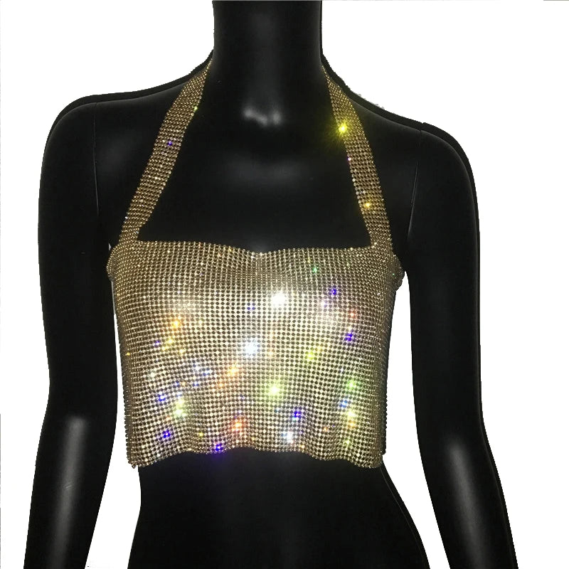 Crystal Rhinestone Metal Chain Halter Crop Top - Backless Tank