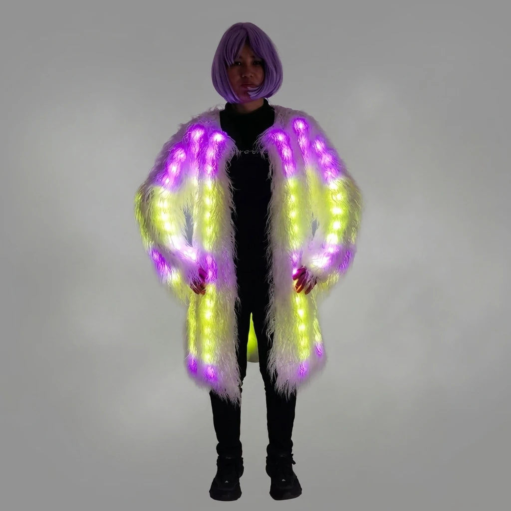 LED Faux Fur Jacket | Remote-Control Light-Up Coat | Festival & Event Outerwear