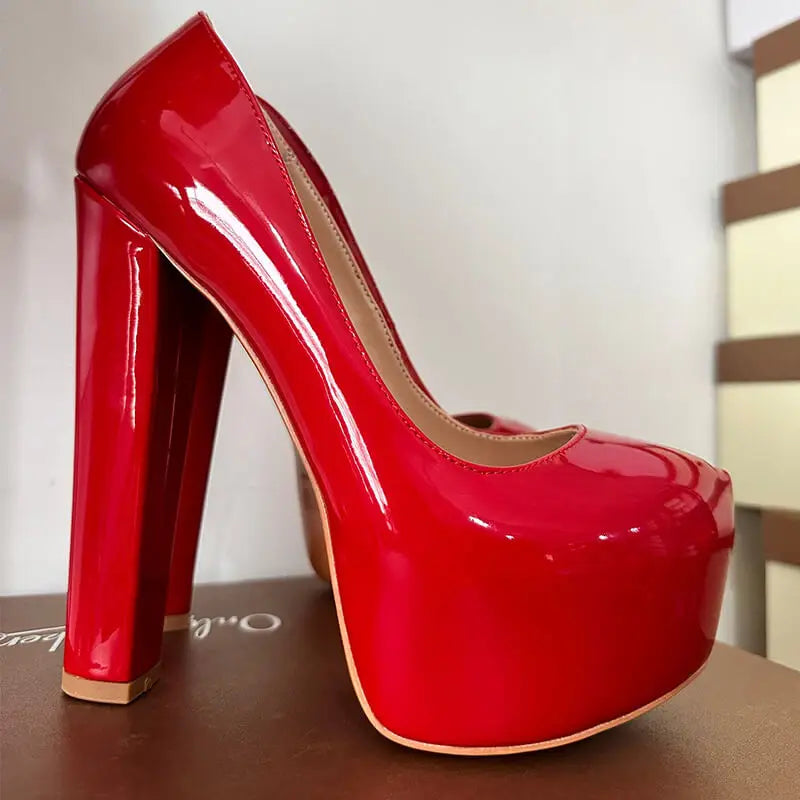 Platform Pump | Round Toe | Chunky Heel | Red