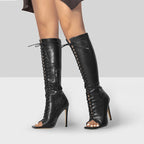 Knee-High Boots | Open Square Toe | Lace-Up Faux Leather