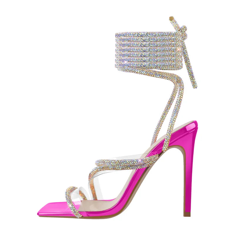 Rhinestone Lace-Up Stiletto Sandal | Crystal Strap | Multi-Color
