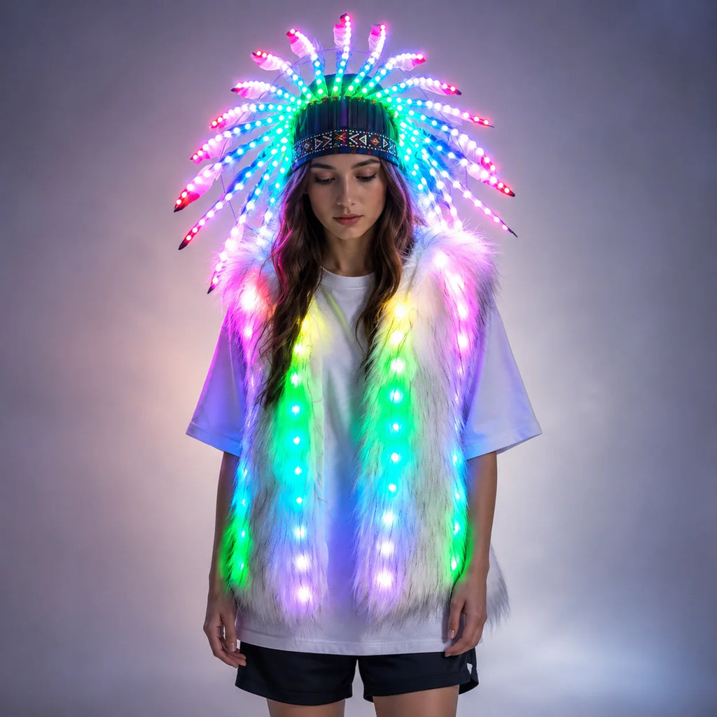 LED Fur Vest & Festival Feather Headdress | Full-Colour RGB | Rave Costume
