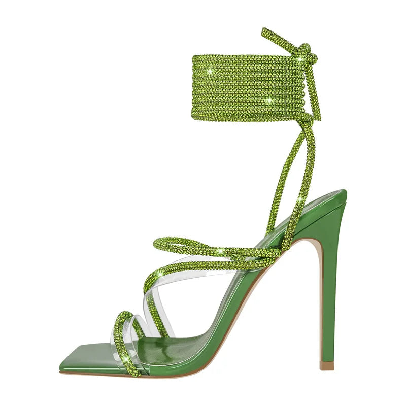 Rhinestone Lace-Up Stiletto Sandal | Crystal Strap | Multi-Color