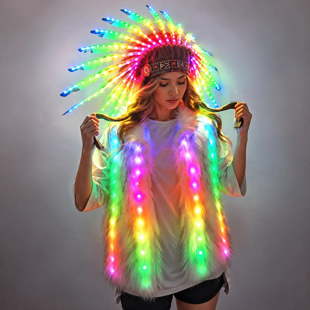 LED Fur Vest & Festival Feather Headdress | Full-Colour RGB | Rave Costume