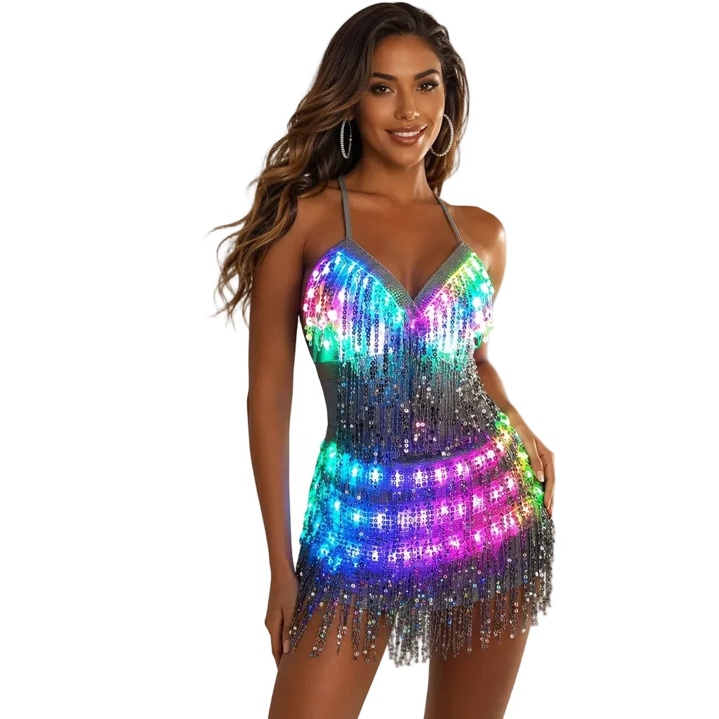 LED Light-Up Sequin Tassel Dress | Glowing Stage & Festival Outfit
