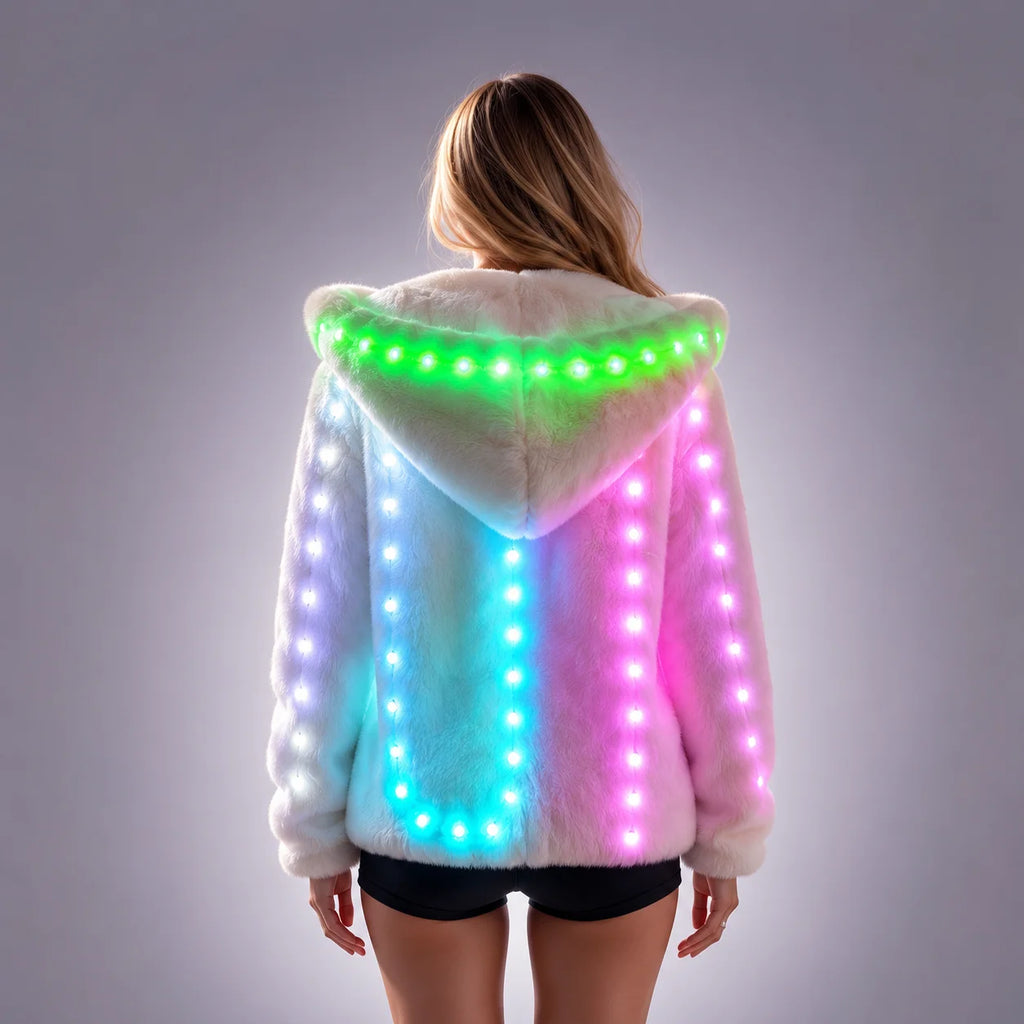 LED Hooded Faux Fur Coat | Remote-Control RGB Light-Up Jacket | Festival & Stage