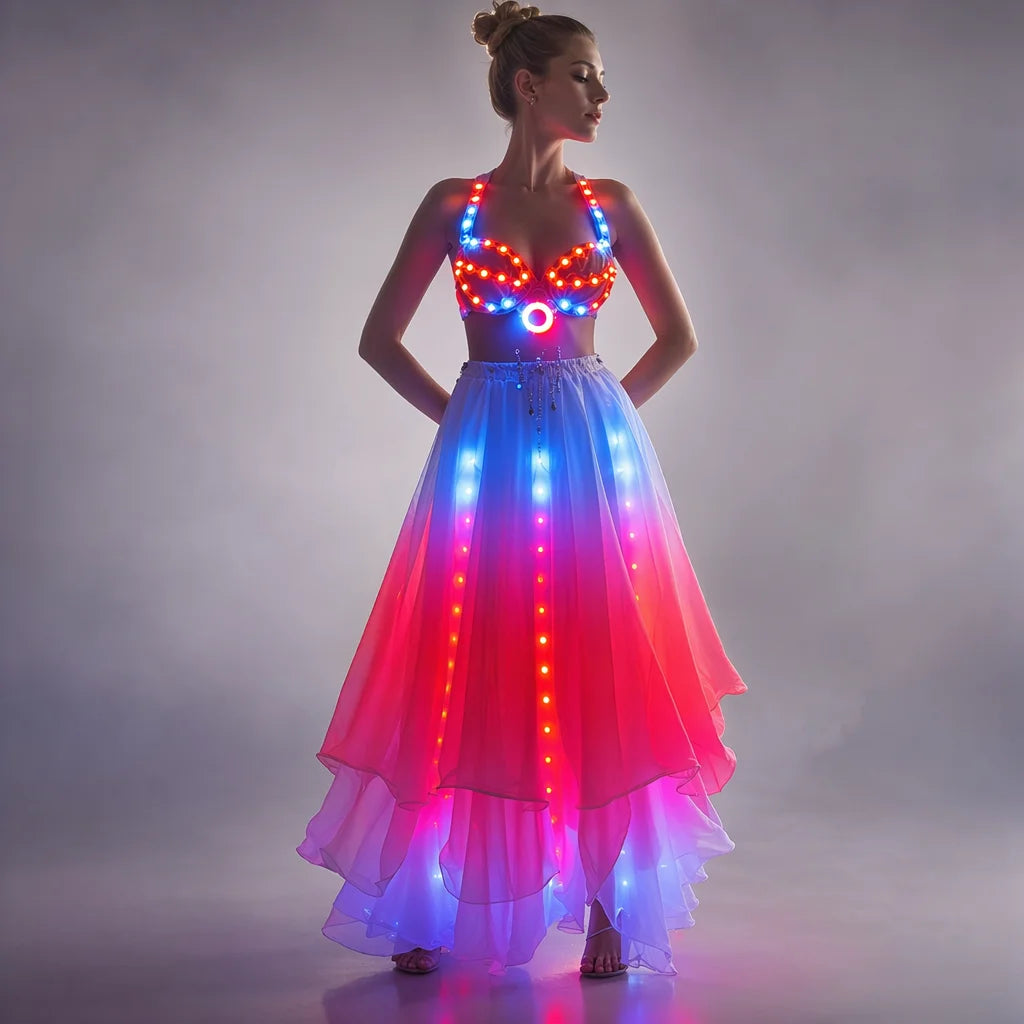 LED RGB Light-Up Belly Dance Set | Bra & Ruffle Skirt | Rave & Stage Performance